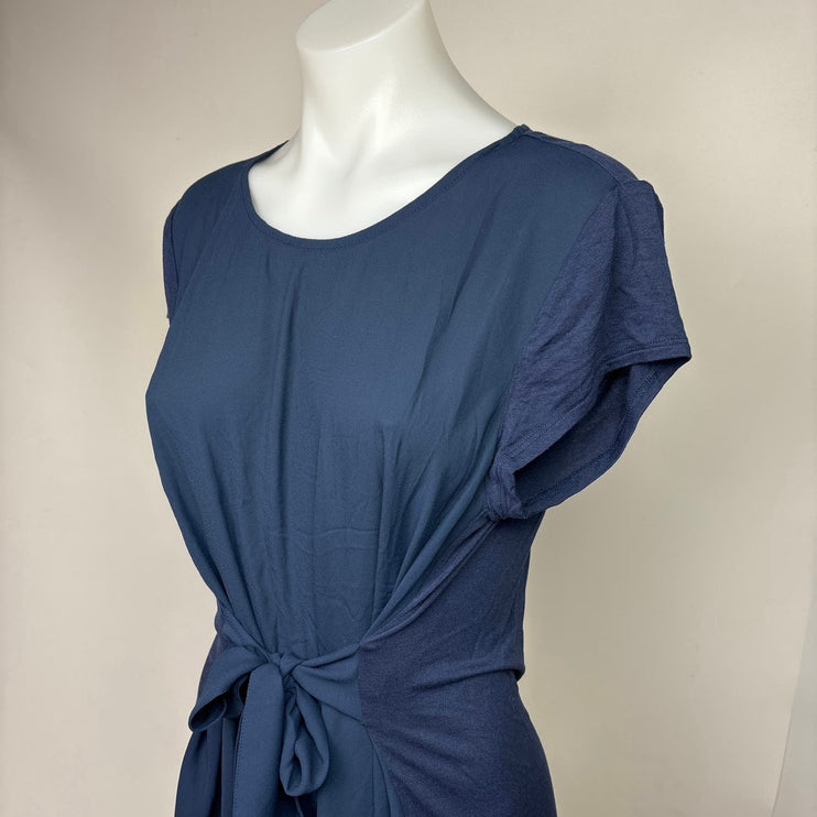 Halston Navy Blue Belted Tie Waist Cap Sleeve Stretch Midi Sheath Dress Size M