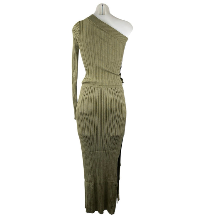 NEW Mango MNG Sally Green Rib Knit One Shoulder Long Sleeve Button Skirt Set S