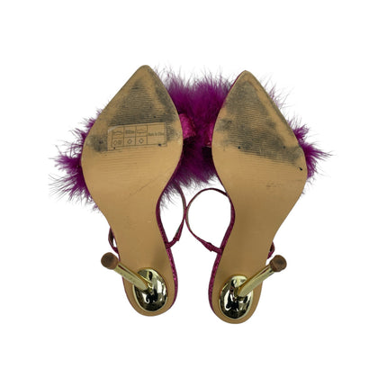 SheIn Women's Purple Fuzzy Fur Pointed Toe Slip On Gold Stiletto Heels Sandals 8