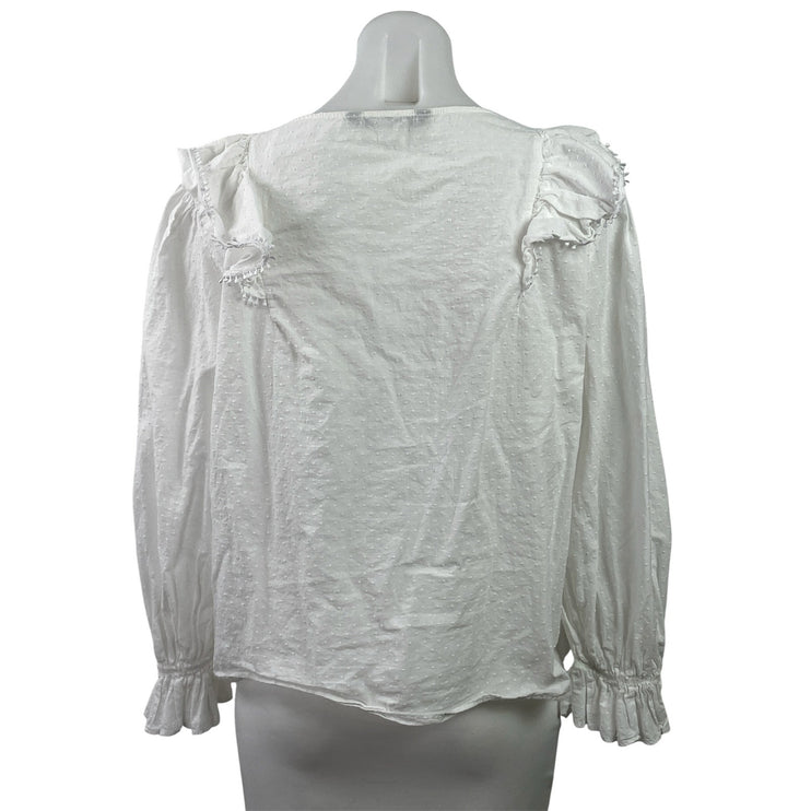 Zara Women's White Long Sleeves Ruffles Eyelet V-neck Embroidered Blouse Top XL