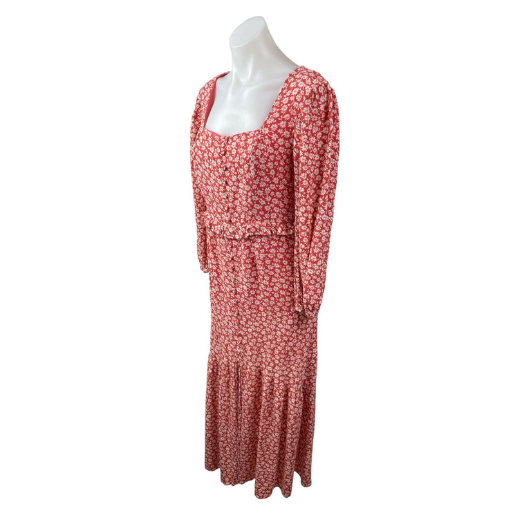Lost + Wander Red Floral Shirred Long Sleeve Ruffle Blouson Maxi Dress Size S