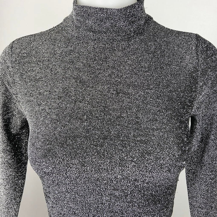 Forever 21 Gray Silver Metallic Glitter Mock Neck Long Sleeves Pullover Crop Top S