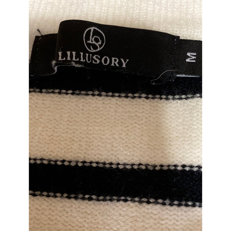 Lillusory Women Black White Striped Long Sleeve Button Up Cardigan Sweater Top M