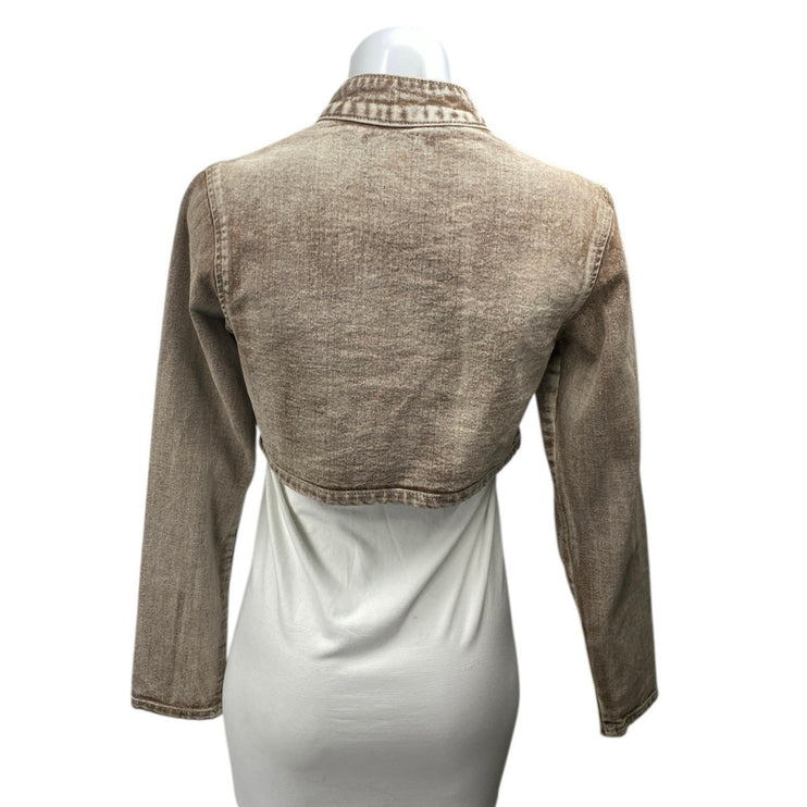 Simmi Women's Beige Washed Long Sleeve Cropped Full Zip Denim Jean Jacket Size 2