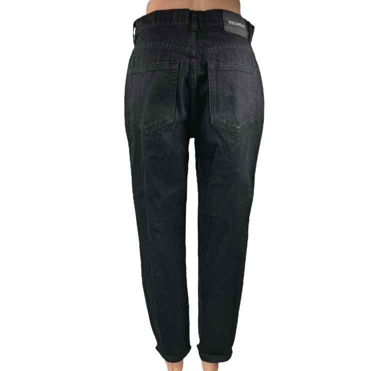 Pull & Bear Women's Black Distressed High Waisted Cropped Mom Denim Jeans Size 6