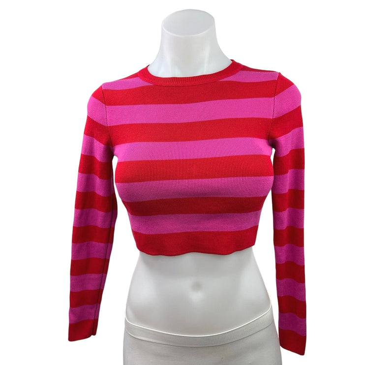 Zara Pink Red Striped Ribbed Knit Long Sleeve Cropped Pullover Sweater Top Sz S