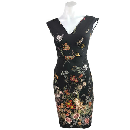 Zara Woman Black V Neck Cap Sleeve Floral Knee Length Sheath Dress Size XS