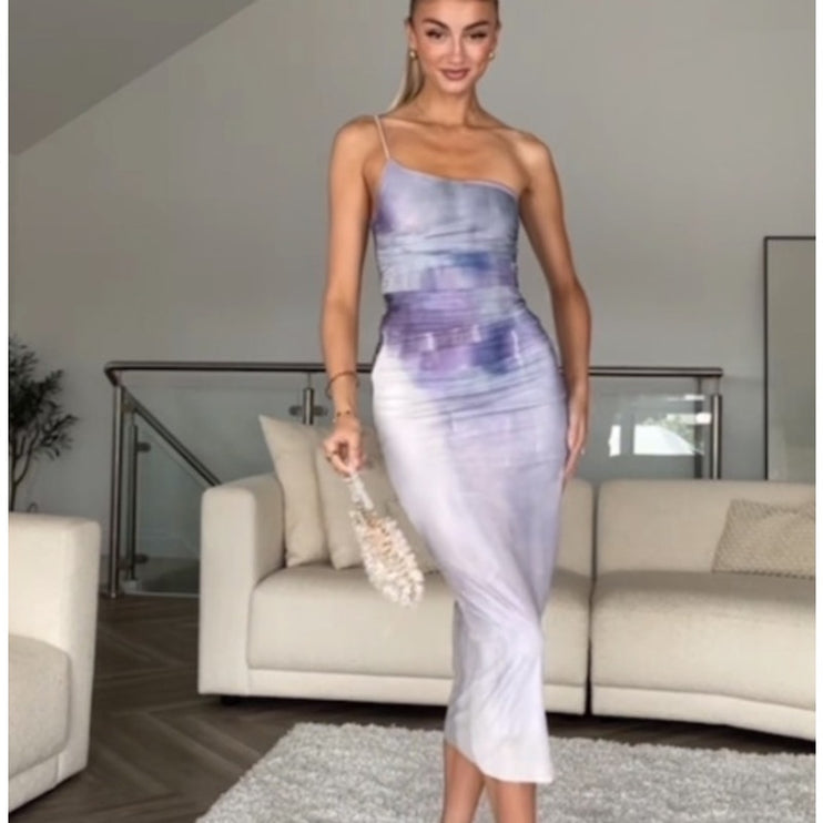 NEW Zara Purple Lilac Tie Dye One Shoulder Sleeveless Ruched Midi Slip Dress XS