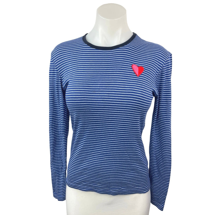 Tory Burch Sport Blue White Striped Embroidered Heart Long Sleeve Shirt Top XS