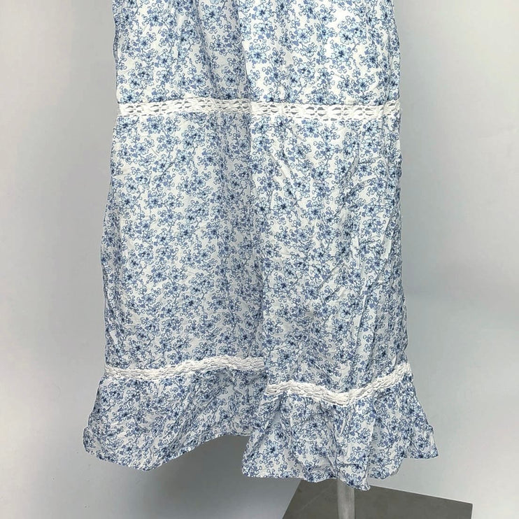 Kisuii Blue Luna Floral Smocked Sleeveless Ruffle Tiered Lace Trim Dress Size L