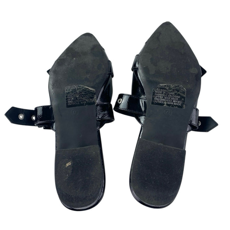 Shoe Dazzle Yasmeen Black Faux Patent Leather Buckle Strap Flats Mules Size 7.5