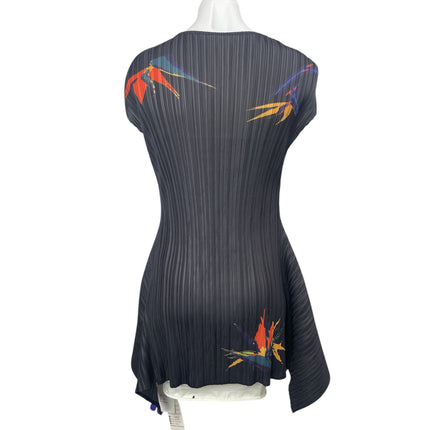 NEW Sheenichi Women's Black Pleated Floral Asymmetric Swing Tunic Blouse Top OS
