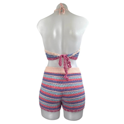 Zara Women's Multicolor Crochet Knit Halter Crop Top Brallette & Shorts Set Sz M