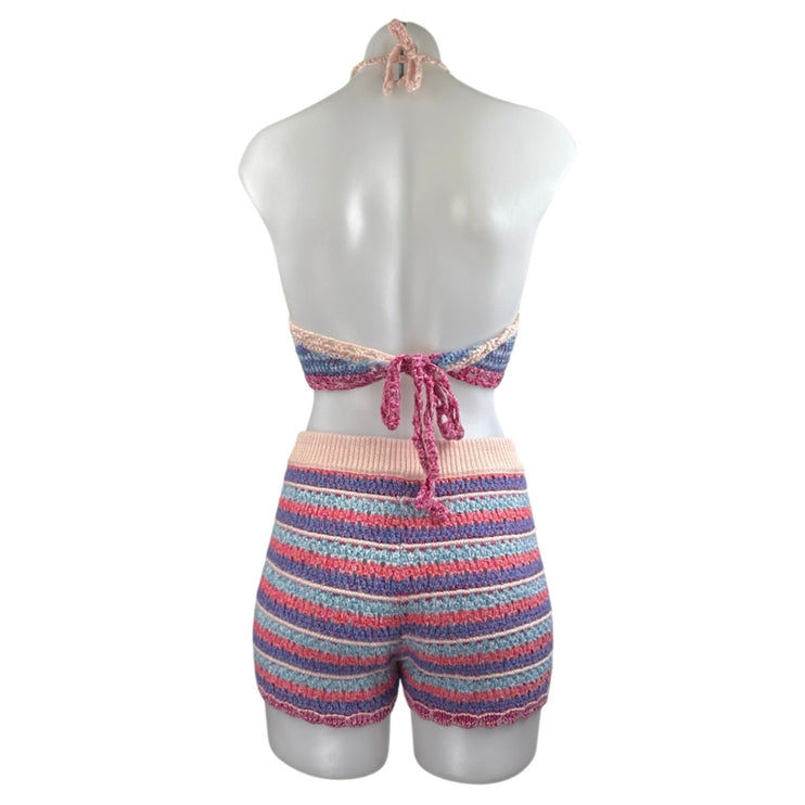 Zara Women's Multicolor Crochet Knit Halter Crop Top Brallette & Shorts Set Sz M