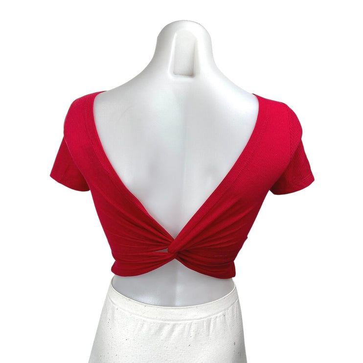 Hollister Red Ribbed Knit Short Sleeve Open Twist Back T Shirt Crop Top Size XS