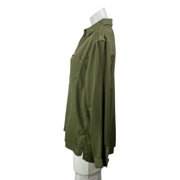 Zara Women's Green Pocket Long Sleeve Collared Button Down Shirt Top Size S