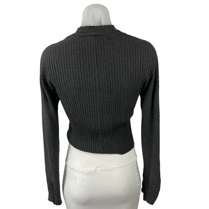 Cale Gray Ribbed Mock Neck Long Sleeve Side Slit Crop Sweatshirt Sweater Top S