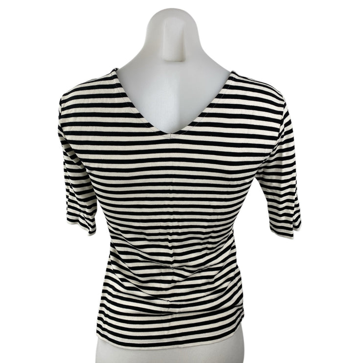 Ann Taylor Women Black White Striped Short Sleeve V Neck T Shirt Tee Top Size XS