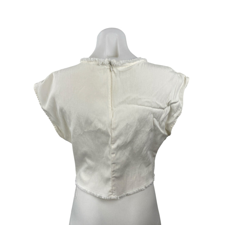 Aritzia Wilfred Women's White Drop Shoulder Fringe Cropped Blouse Top Size M