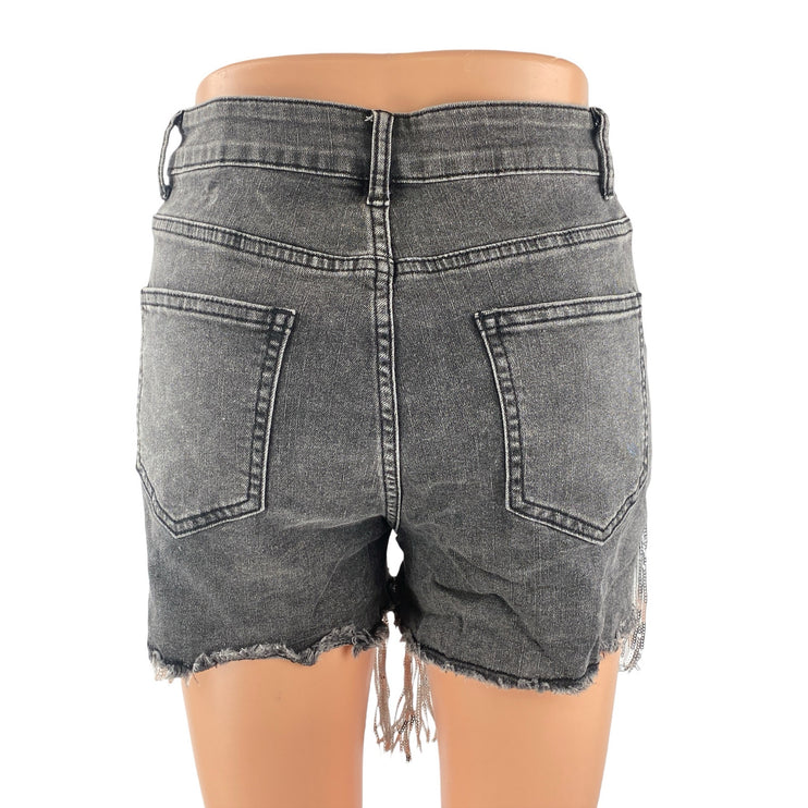 Women's Gray Distressed Pearl Rhinestone Sequin Fringe Frayed Hem Denim Shorts M