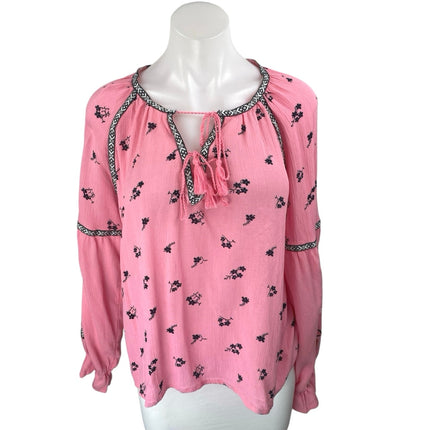 NEW H&M Pink Floral Tassel Tie Long Balloon Sleeve Boho Blouse Top Size 10