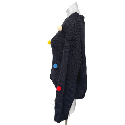 Cider Women's Blue Pom Poms Chunky Knit Long Sleeve Pullover Sweater Top Size M