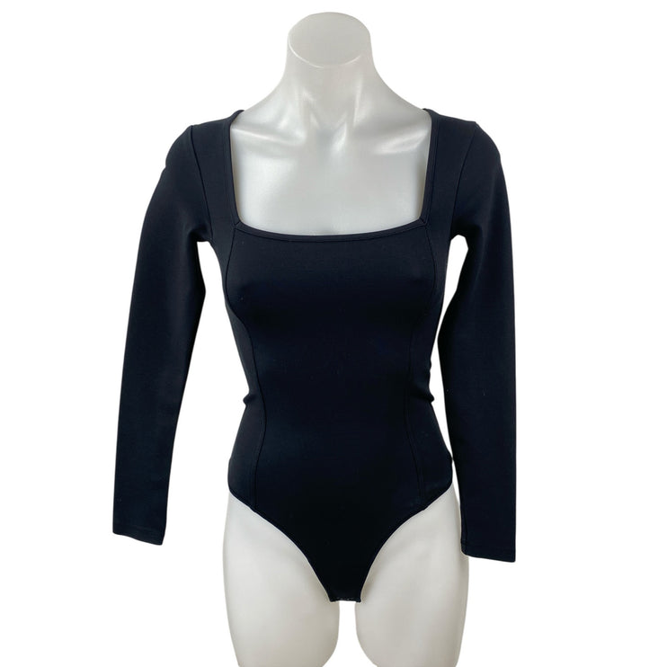 Abercrombie & Fitch Black Long Sleeve Square Neck Knit Thong Bodysuit Top Size S