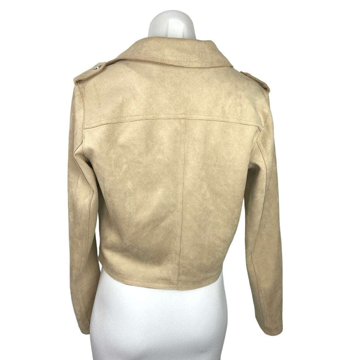 Anthropologie Beige Faux Suede Leather Open Front Collared Zip Pockets Long Sleeve Blazer Jacket Sz S