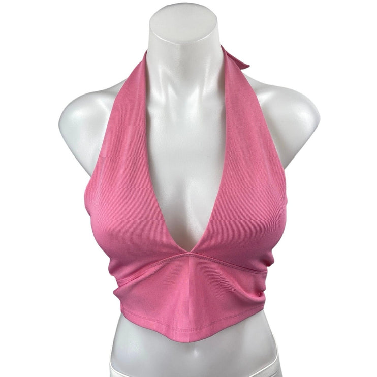 Stradivarius Women's Pink Sleeveless V-neck Halter Tie Backless Crop Tank Top M