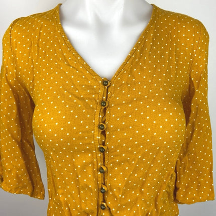 Urban Romantics Yellow Polka Dots 3/4 Sleeve Button Up Tie Hem Blouse Top Size M