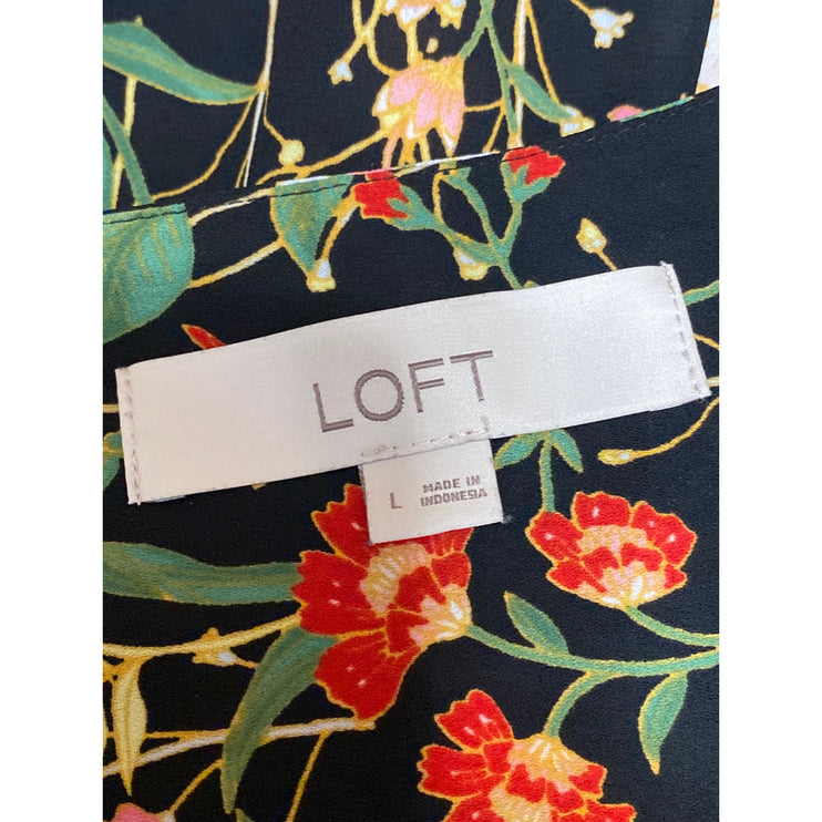 Ann Taylor LOFT Black Floral Cottagecore Ruffle Sleeve V Neck Blouse Top Size L