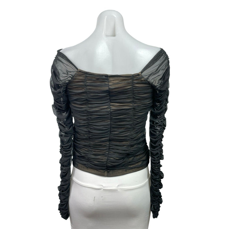Good American Black All Over Ruched Mesh Scoop Neck Long Sleeve Blouse Top Sz L