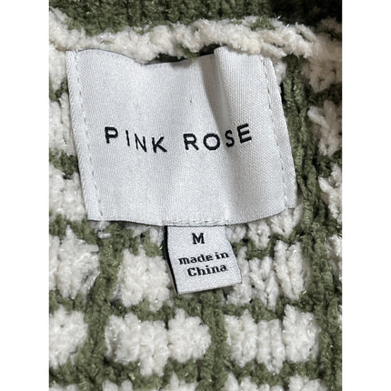 Pink Rose Green Floral Chenille Knit Long Sleeve Crew Neck Crop Sweater Top Sz M
