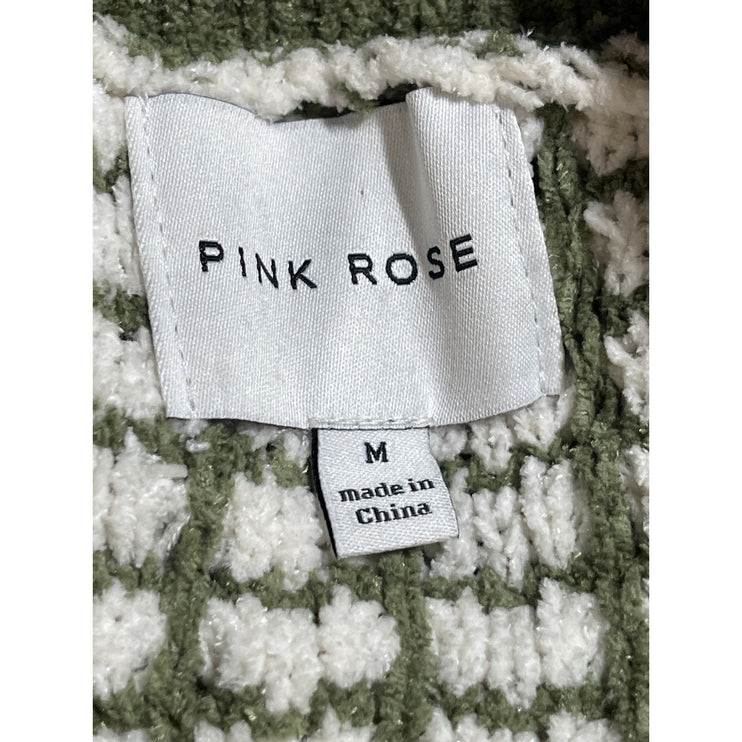 Pink Rose Green Floral Chenille Knit Long Sleeve Crew Neck Crop Sweater Top Sz M