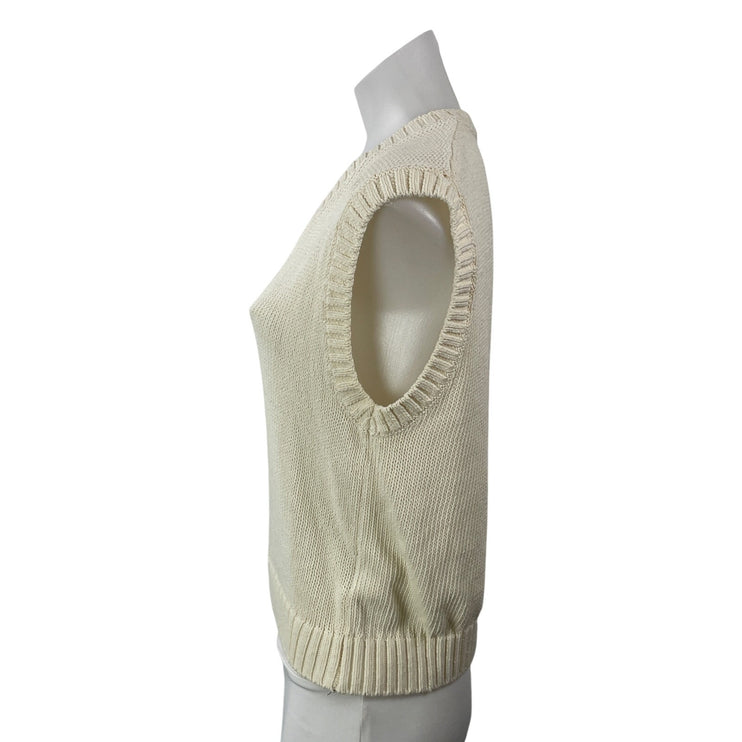 Zara Women's Cream Classic Sleeveless Ribbed Knit Fitted V-neck Sweater Top Sz M