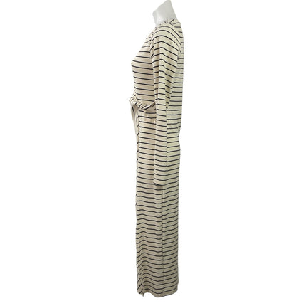 Kaileigh Womens Cream Black Striped Long Sleeve Tie Front Maxi Sweater Dress M
