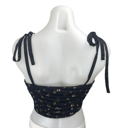 Forever 21 Black Floral Sleeveless Ruched Corset Bustier Cami Tank Crop Top Sz L