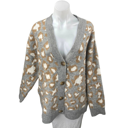 MNG Mango Gray Wool Leopard Animal Print Button Long Sleeve Cardigan Sweater M