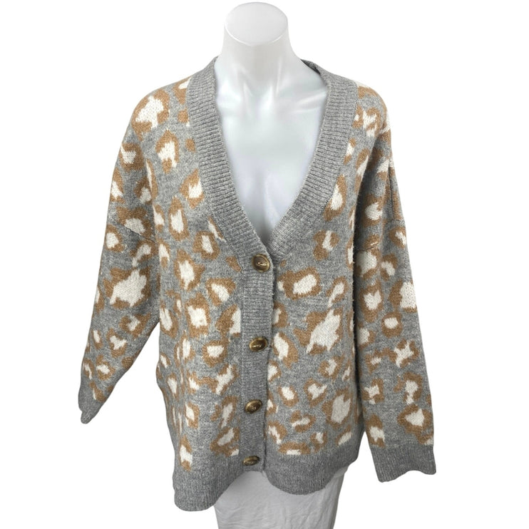 MNG Mango Gray Wool Leopard Animal Print Button Long Sleeve Cardigan Sweater M