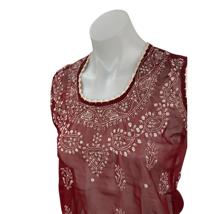 Women's Maroon Embroidered Paisley Mesh Sheer Sleeveless Tank Blouse Top Size S