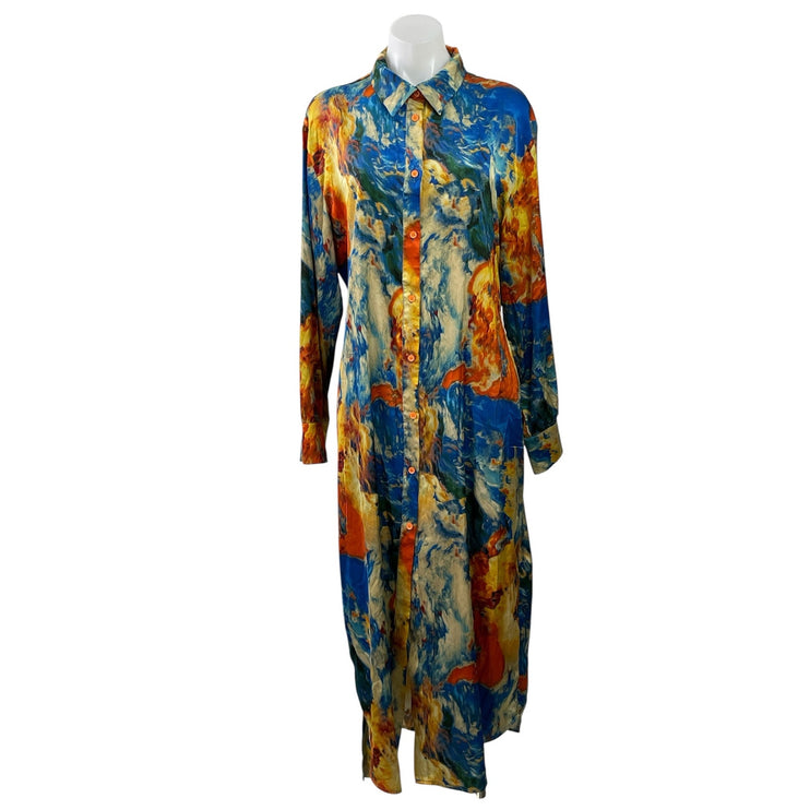 Fashion Nova Valerie Multicolor Satin Abstract Button Down Midi Shirt Dress Sz L
