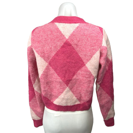 Zara Pink Argyle Plaid Checkered Button Up Knit Crop Cardigan Sweater Top Size L