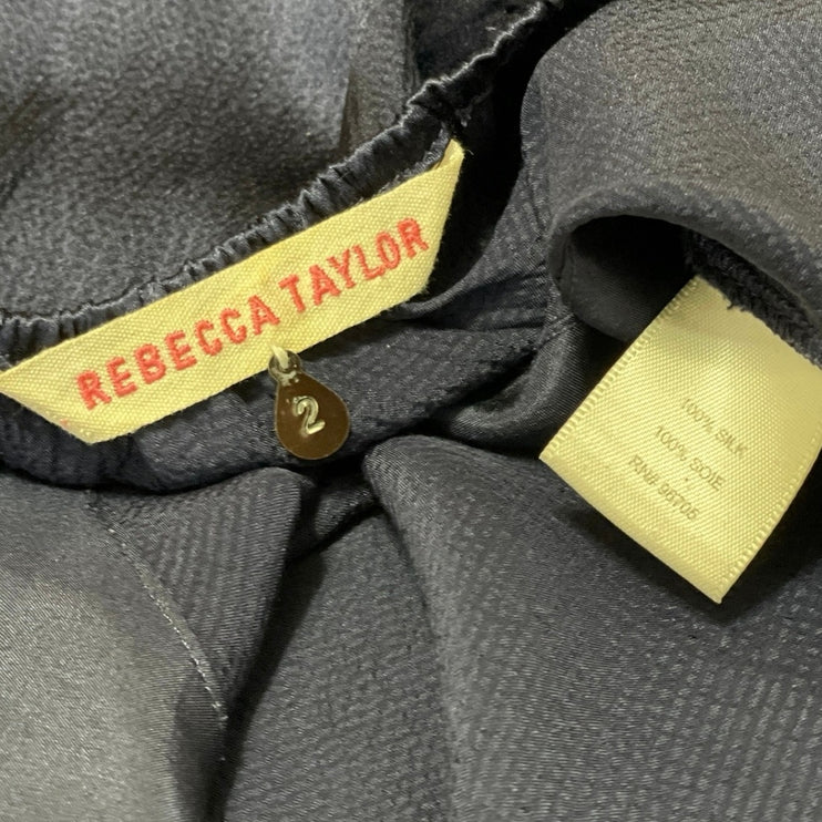 Rebecca Taylor Navy Blue 100% Silk Satin Long Sleeve Tie Blouson Mini Dress 2