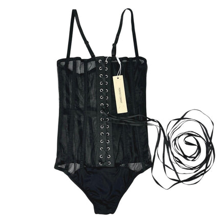 NEW Perfect Corset Cape Form Black Mesh Sheer Lace Up Back Coset Bodysuit Size M