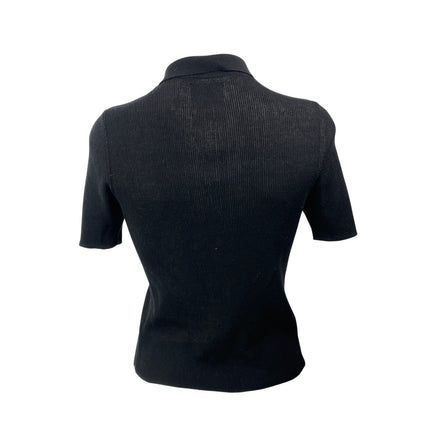 Grey/Ven Women's Black Ribbed Knit Short Sleeve Button Polo Sweater Top Size M