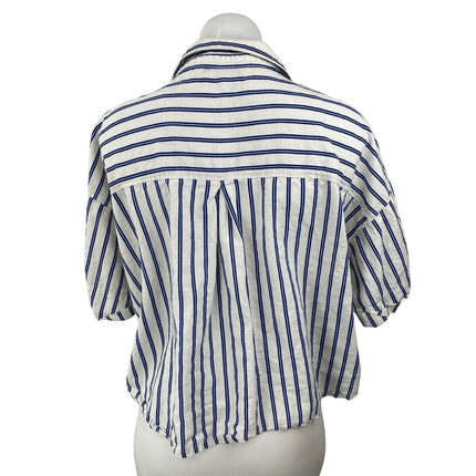Zara Women's White Blue Striped Short Sleeve Button Down Cropped Shirt Top XL
