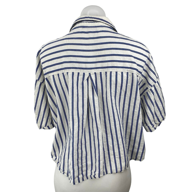 Zara Women's White Blue Striped Short Sleeve Button Down Cropped Shirt Top XL