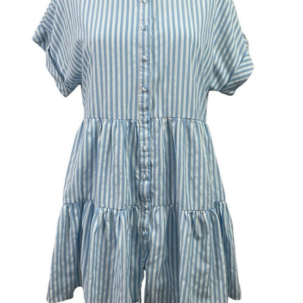 Aqua Blue Stripe Collared Short Sleeve Button Up Mini Flare A-Line Shirt Dress S