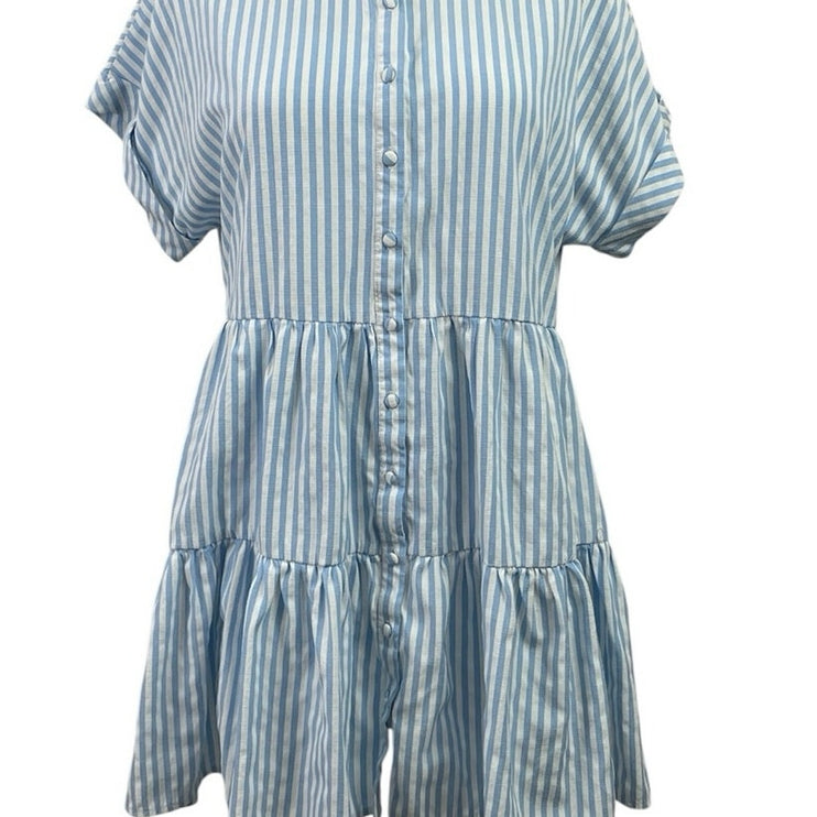 Aqua Blue Stripe Collared Short Sleeve Button Up Mini Flare A-Line Shirt Dress S