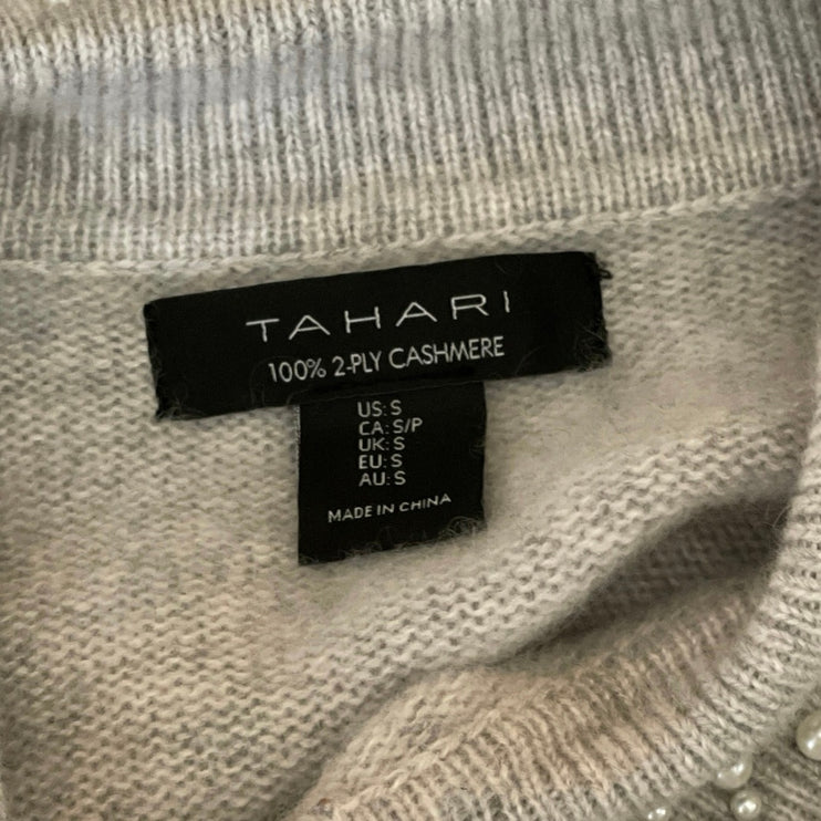 Tahari Gray 100% Cashmere Beaded Pearl Collar Knit Long Sleeve Sweater Size S